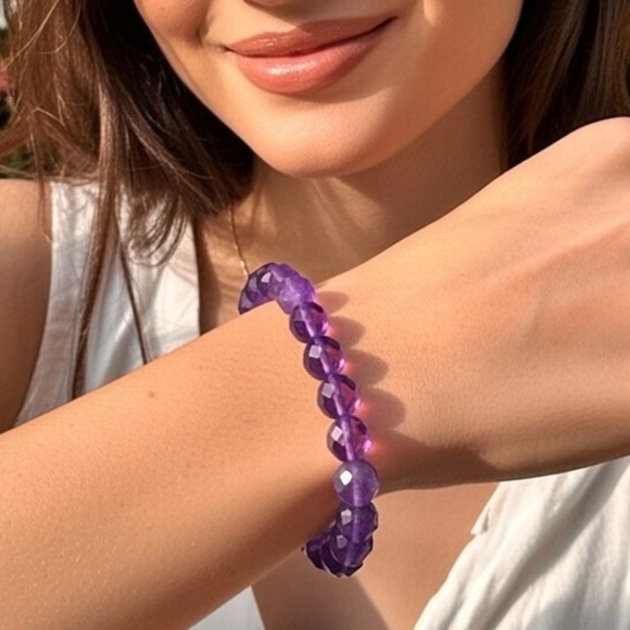 Handmade Jewelry - Handmade Amethyst Gemstone 10mm Beaded Stretch Bracelet Faceted Purple Crystal